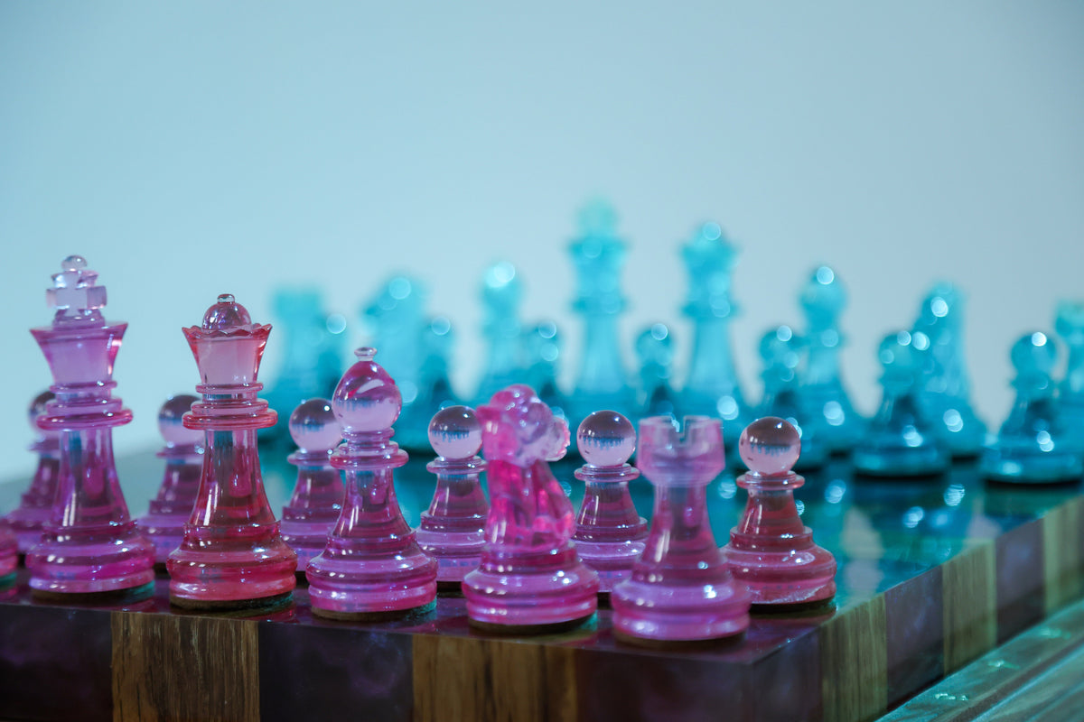 Granadas Rosé Royale Chess Set – Handmade Pink & White Wood & Resin Granadas.store