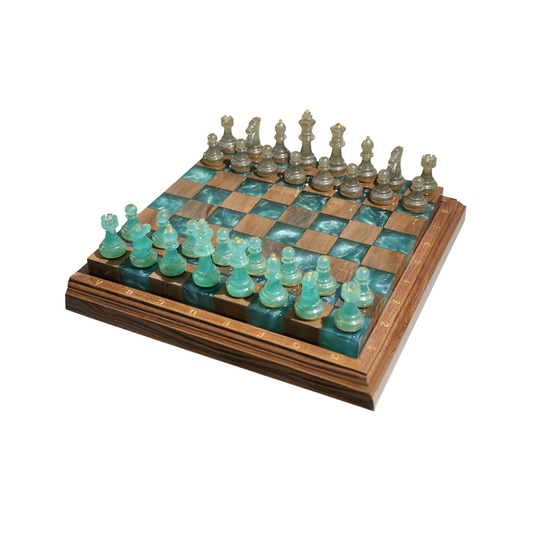 Luminous Azure Handmade Chess Set | Blue Wood, Epoxy Resin & LED Backlight Granadas.store