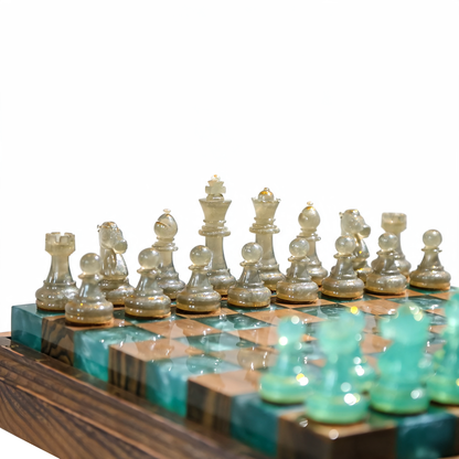 Luminous Azure Handmade Chess Set | Blue Wood, Epoxy Resin & LED Backlight Granadas.store