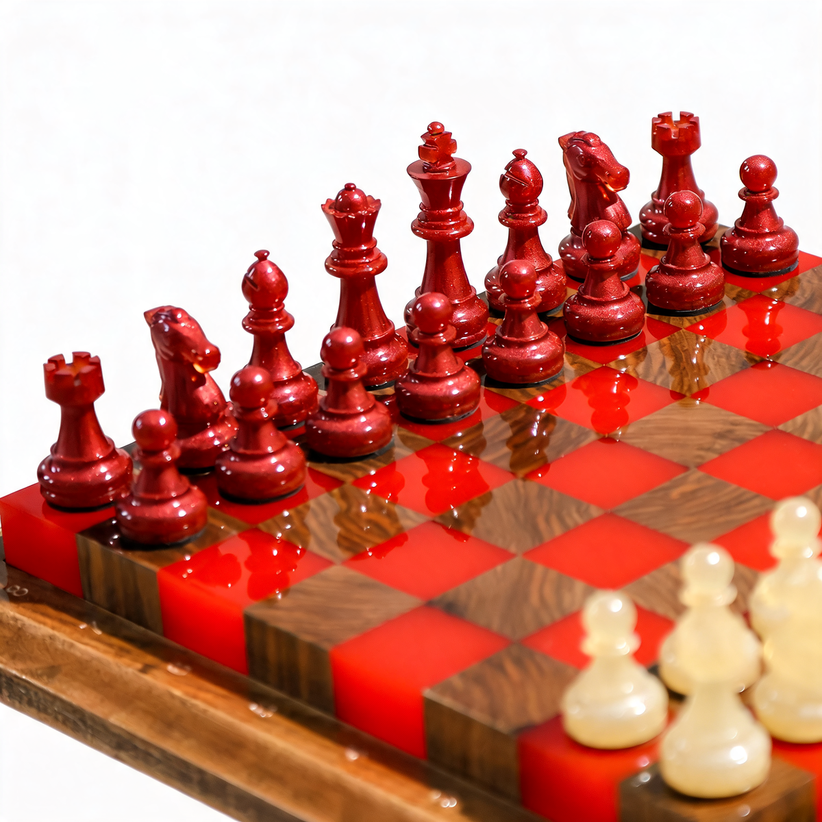Crimson Glow Handmade Chess Set | Red & White Wood & Epoxy Resin Granadas.store