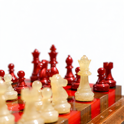 Crimson Glow Handmade Chess Set | Red & White Wood & Epoxy Resin Granadas.store