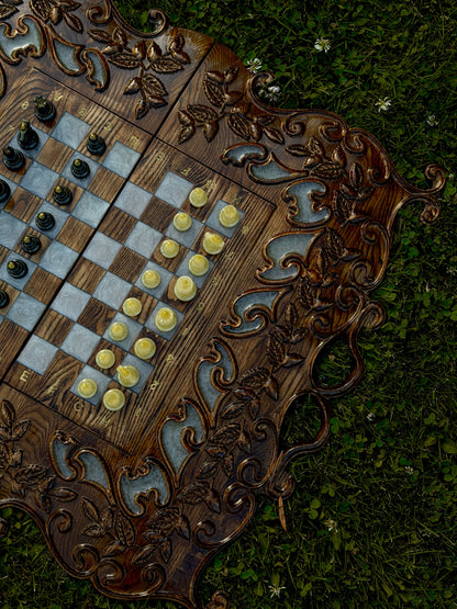 Royal Grove – 2-in-1 Handcrafted Wood & Epoxy Chess & Backgammon Set Granadas.store
