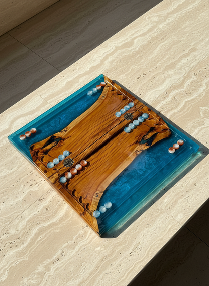 Azure Tide – Handcrafted Wood & Epoxy Backgammon Set Granadas.store